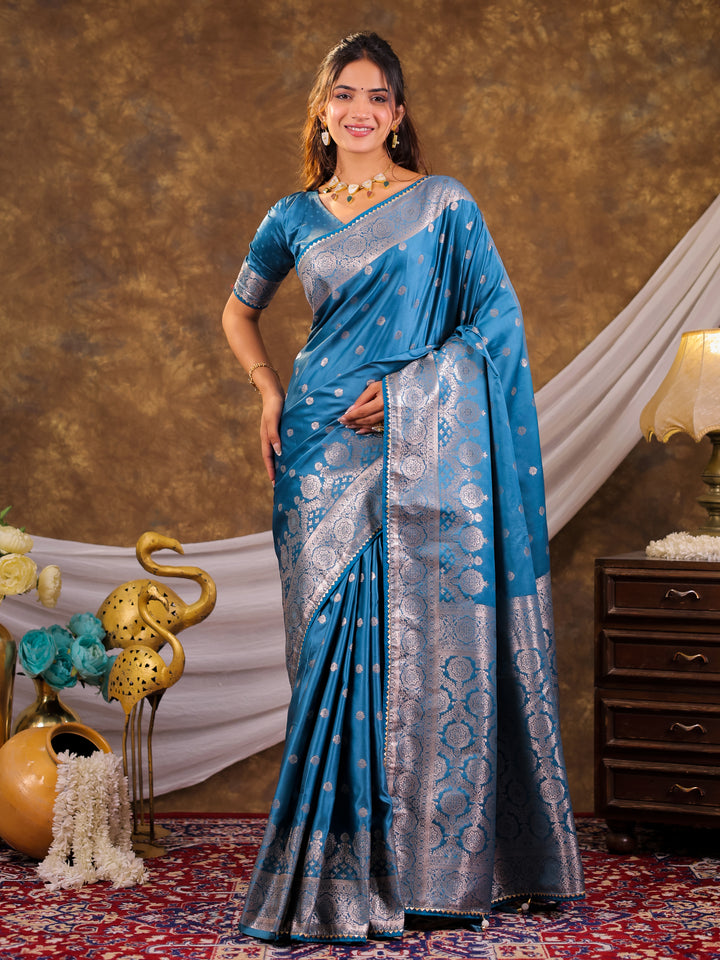 Turquoise Blue Kanjivaram Banarasi Satin Silk Saree with Antique Silver Zari Weaving, Rich Heritage Pallu & Tassel Detailing