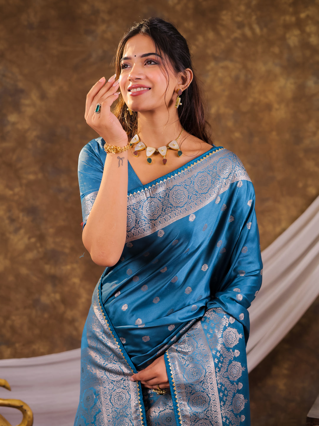 Turquoise Blue Kanjivaram Banarasi Satin Silk Saree with Antique Silver Zari Weaving, Rich Heritage Pallu & Tassel Detailing