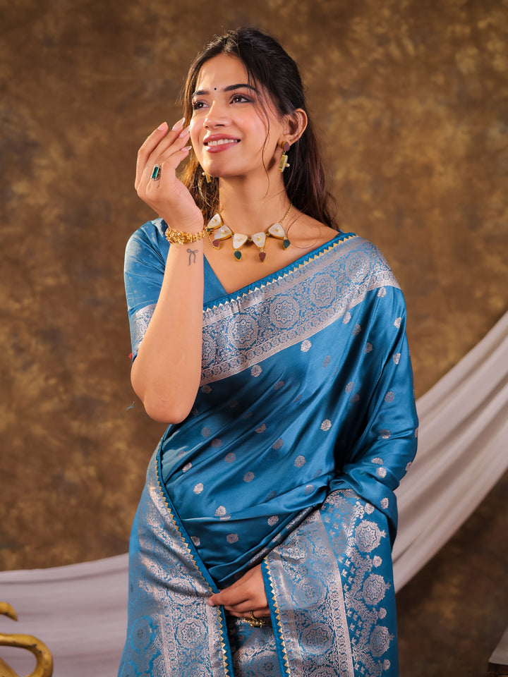 Turquoise Blue Kanjivaram Banarasi Satin Silk Saree with Antique Silver Zari Weaving, Rich Heritage Pallu & Tassel Detailing
