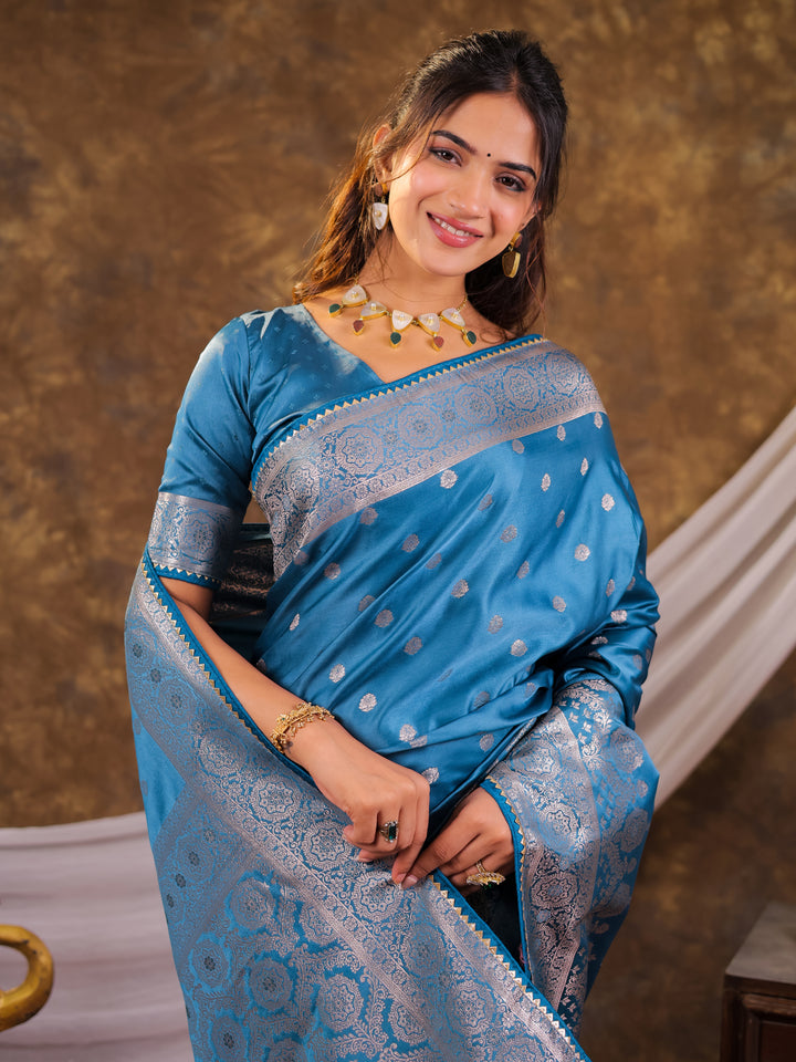 Turquoise Blue Kanjivaram Banarasi Satin Silk Saree with Antique Silver Zari Weaving, Rich Heritage Pallu & Tassel Detailing