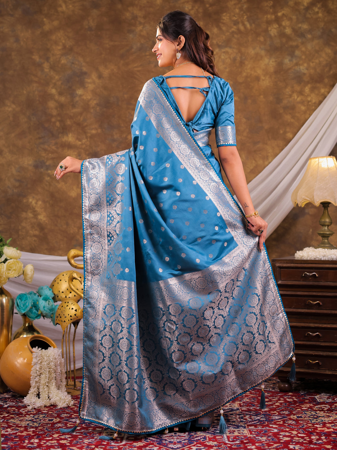 Turquoise Blue Kanjivaram Banarasi Satin Silk Saree with Antique Silver Zari Weaving, Rich Heritage Pallu & Tassel Detailing