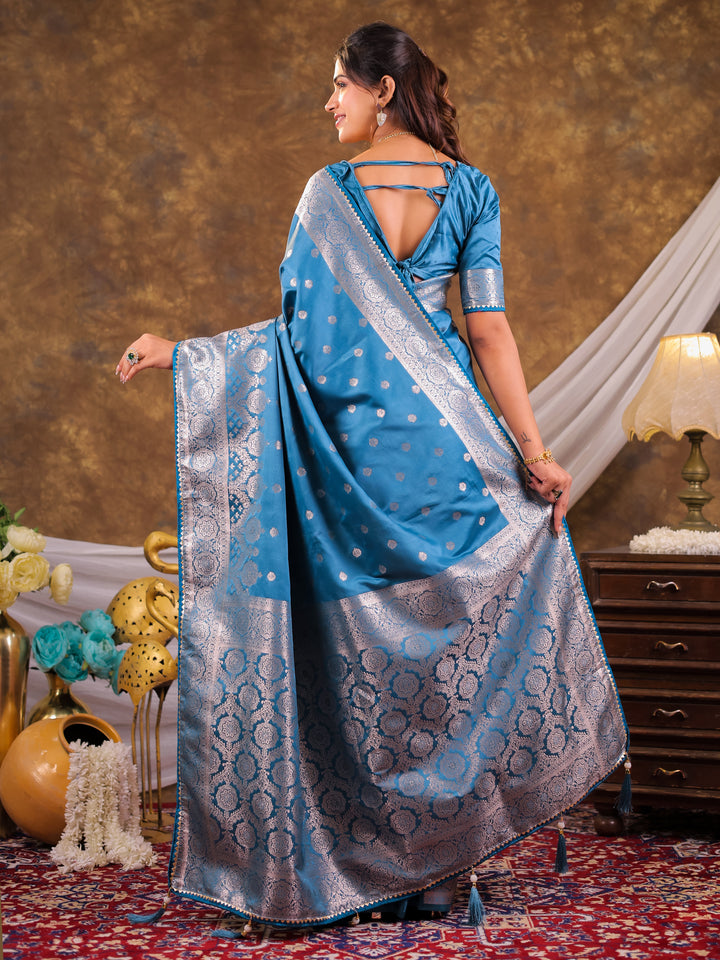 Turquoise Blue Kanjivaram Banarasi Satin Silk Saree with Antique Silver Zari Weaving, Rich Heritage Pallu & Tassel Detailing