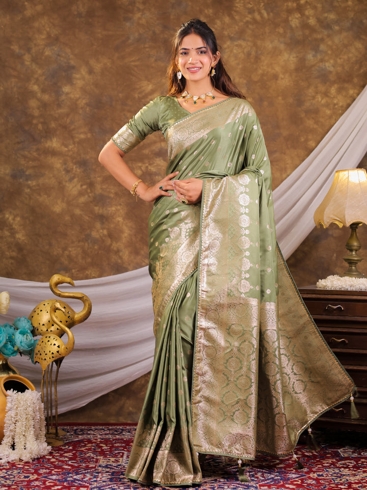 Sage Green Kanjivaram Banarasi Satin Silk Saree with Antique Silver Zari Weaving, Rich Heritage Pallu & Tassel Detailing