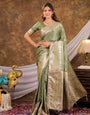 Sage Green Kanjivaram Banarasi Satin Silk Saree with Antique Silver Zari Weaving, Rich Heritage Pallu & Tassel Detailing