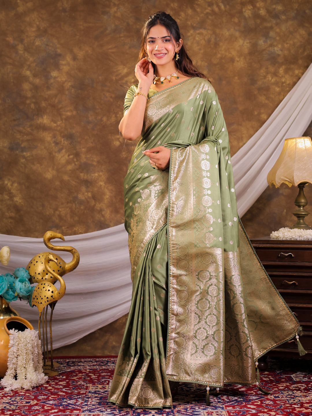 Sage Green Kanjivaram Banarasi Satin Silk Saree with Antique Silver Zari Weaving, Rich Heritage Pallu & Tassel Detailing