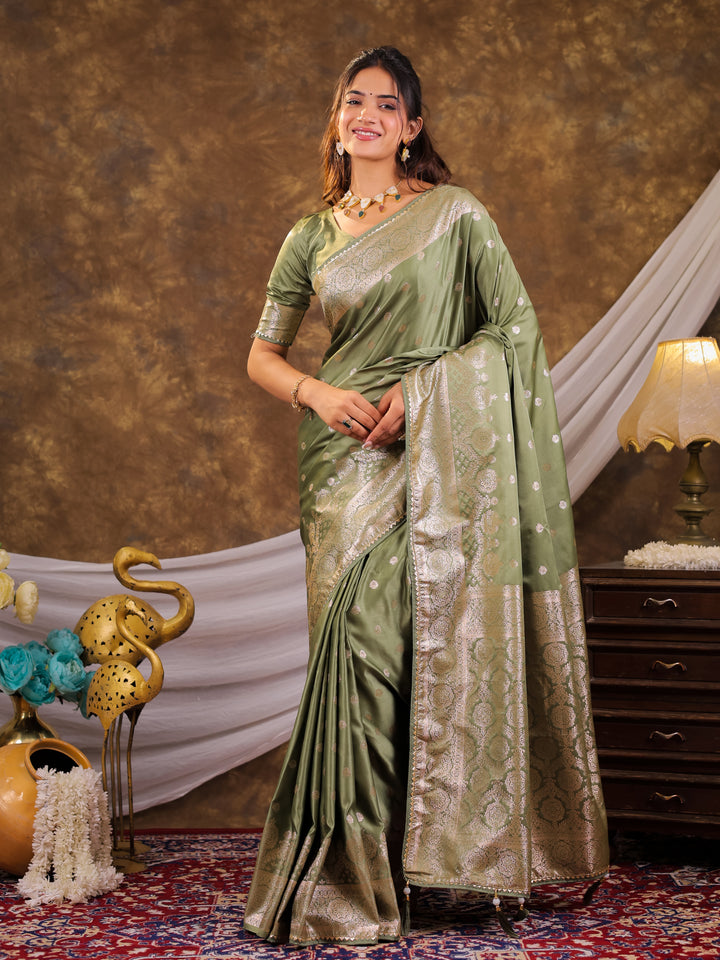Sage Green Kanjivaram Banarasi Satin Silk Saree with Antique Silver Zari Weaving, Rich Heritage Pallu & Tassel Detailing