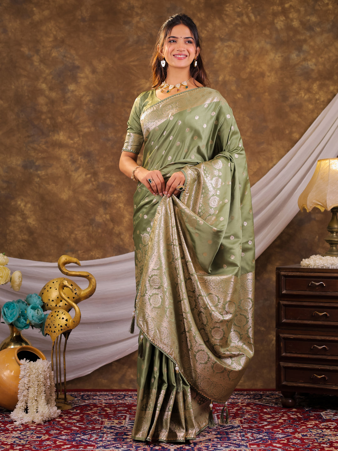 Sage Green Kanjivaram Banarasi Satin Silk Saree with Antique Silver Zari Weaving, Rich Heritage Pallu & Tassel Detailing