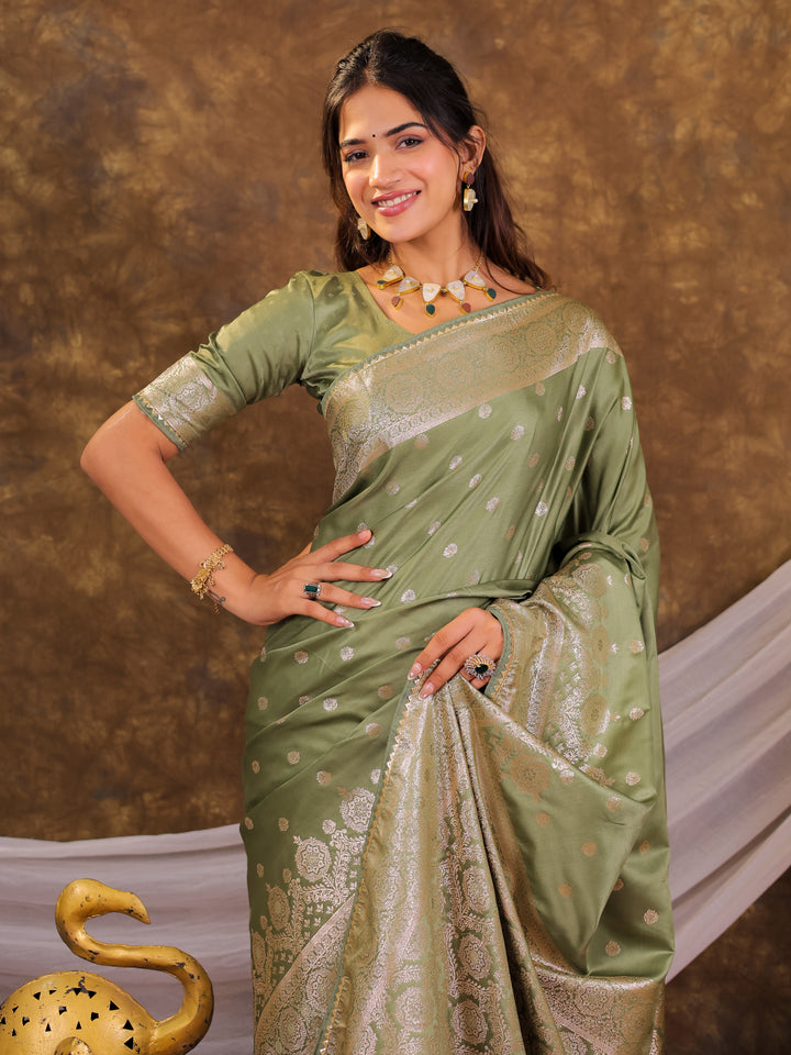 Sage Green Kanjivaram Banarasi Satin Silk Saree with Antique Silver Zari Weaving, Rich Heritage Pallu & Tassel Detailing