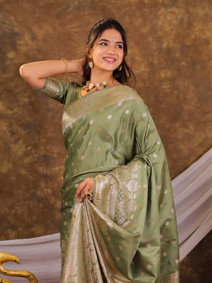 Sage Green Kanjivaram Banarasi Satin Silk Saree with Antique Silver Zari Weaving, Rich Heritage Pallu & Tassel Detailing