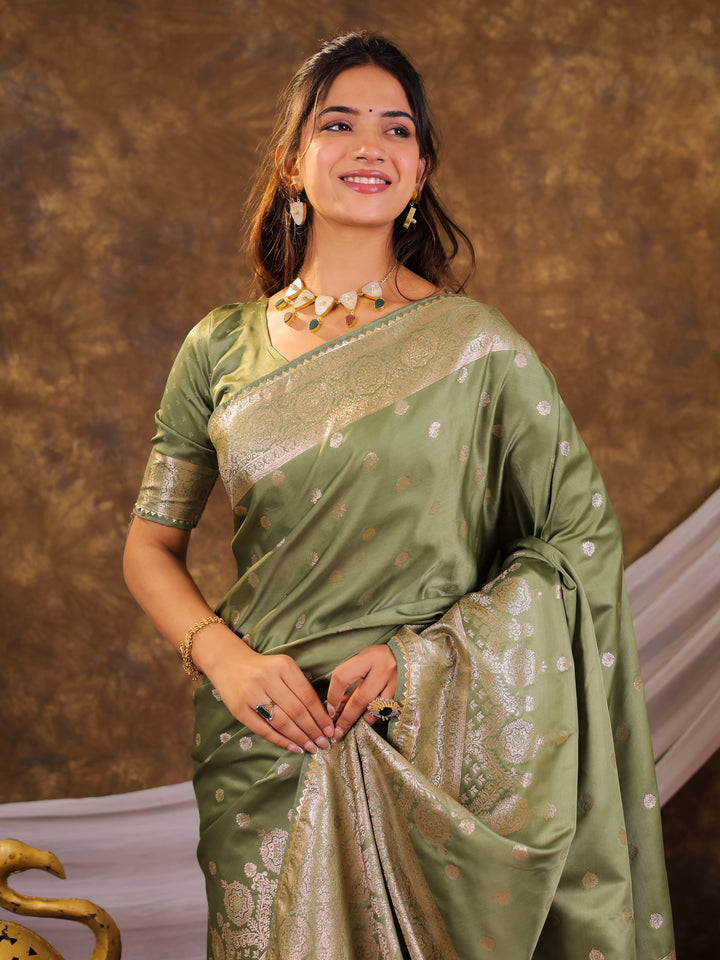 Sage Green Kanjivaram Banarasi Satin Silk Saree with Antique Silver Zari Weaving, Rich Heritage Pallu & Tassel Detailing