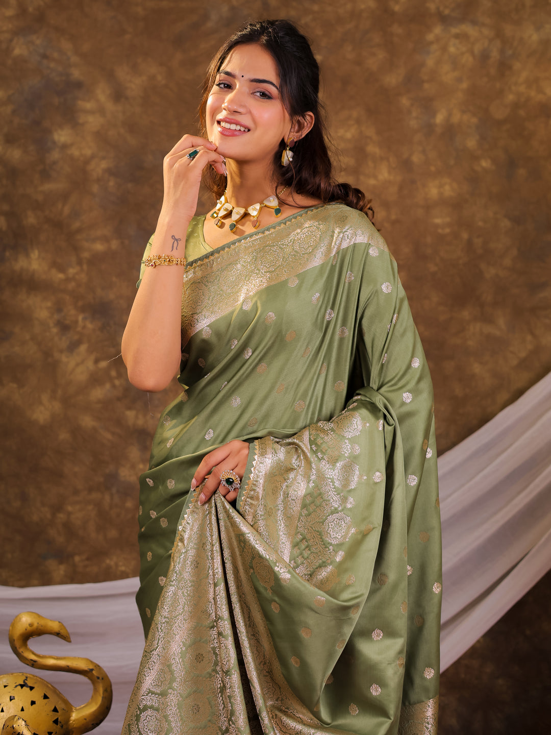 Sage Green Kanjivaram Banarasi Satin Silk Saree with Antique Silver Zari Weaving, Rich Heritage Pallu & Tassel Detailing