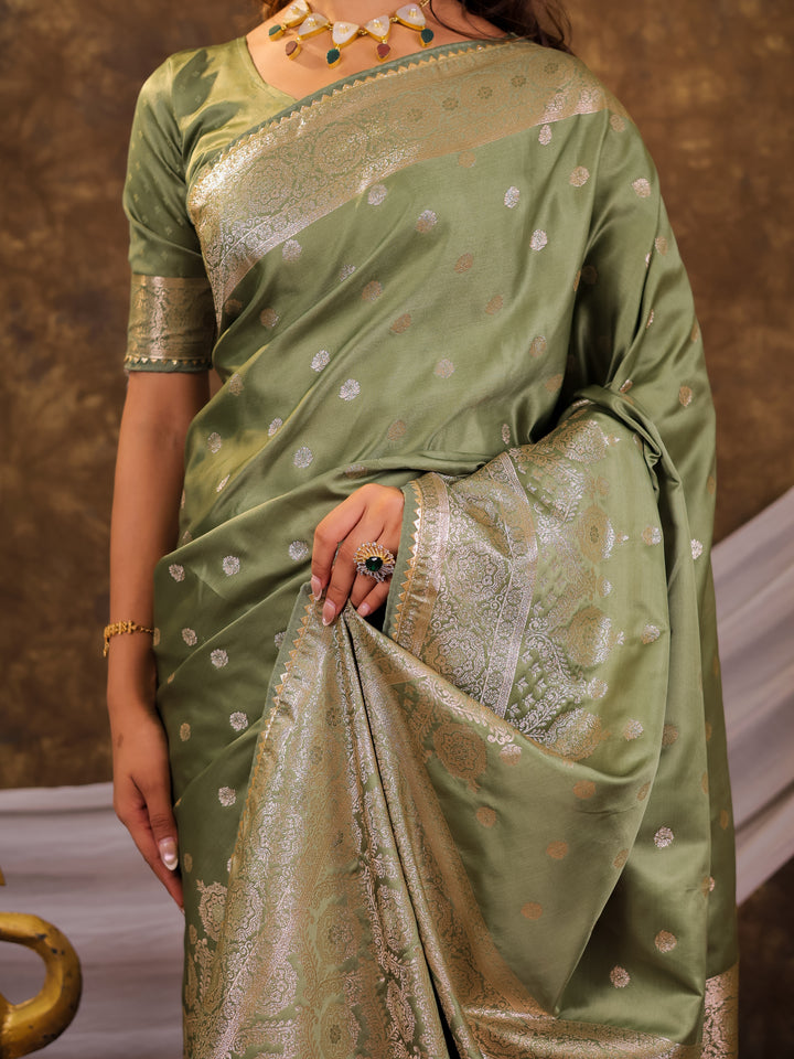Sage Green Kanjivaram Banarasi Satin Silk Saree with Antique Silver Zari Weaving, Rich Heritage Pallu & Tassel Detailing