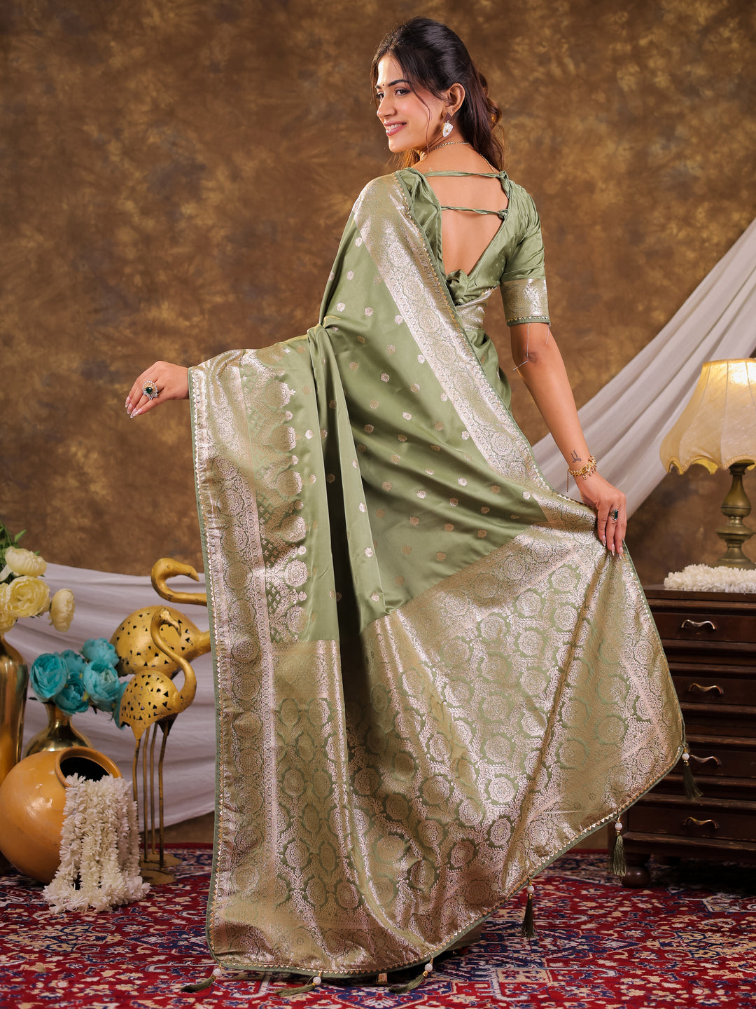 Sage Green Kanjivaram Banarasi Satin Silk Saree with Antique Silver Zari Weaving, Rich Heritage Pallu & Tassel Detailing