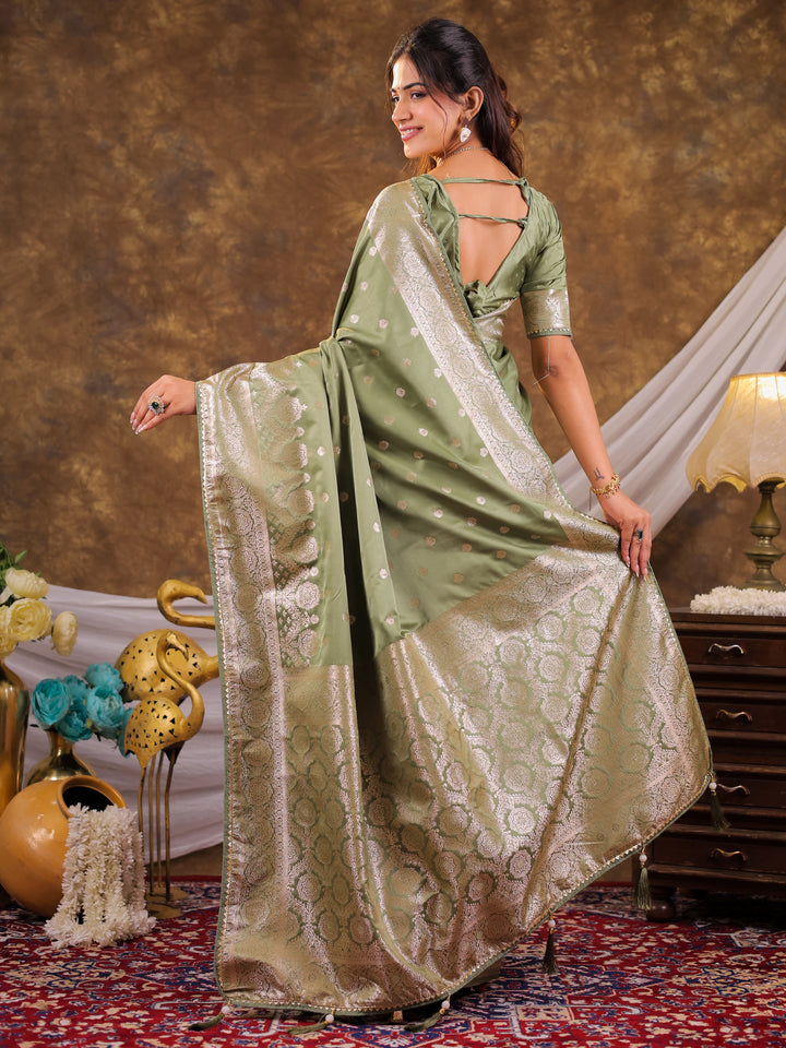 Sage Green Kanjivaram Banarasi Satin Silk Saree with Antique Silver Zari Weaving, Rich Heritage Pallu & Tassel Detailing