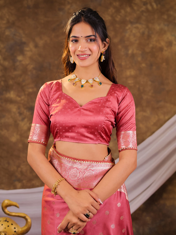 Rose Pink Kanjivaram Banarasi Satin Silk Saree with Antique Silver Zari Weaving, Rich Heritage Pallu & Tassel Detailing