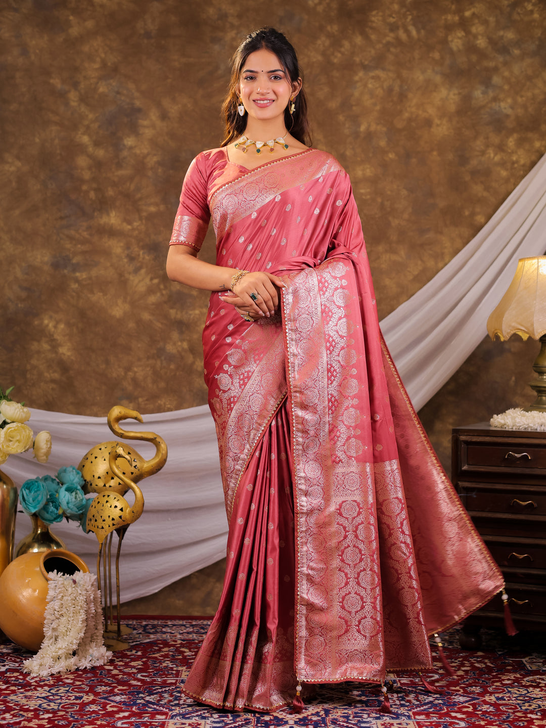 Rose Pink Kanjivaram Banarasi Satin Silk Saree with Antique Silver Zari Weaving, Rich Heritage Pallu & Tassel Detailing