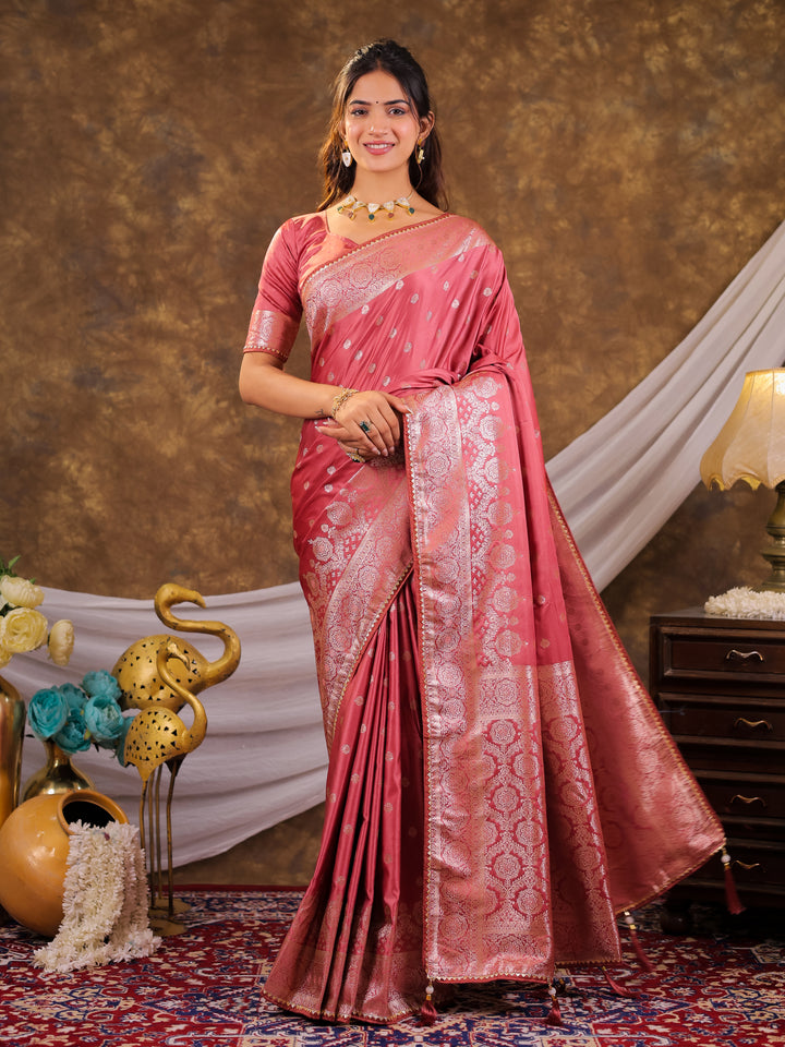 Rose Pink Kanjivaram Banarasi Satin Silk Saree with Antique Silver Zari Weaving, Rich Heritage Pallu & Tassel Detailing