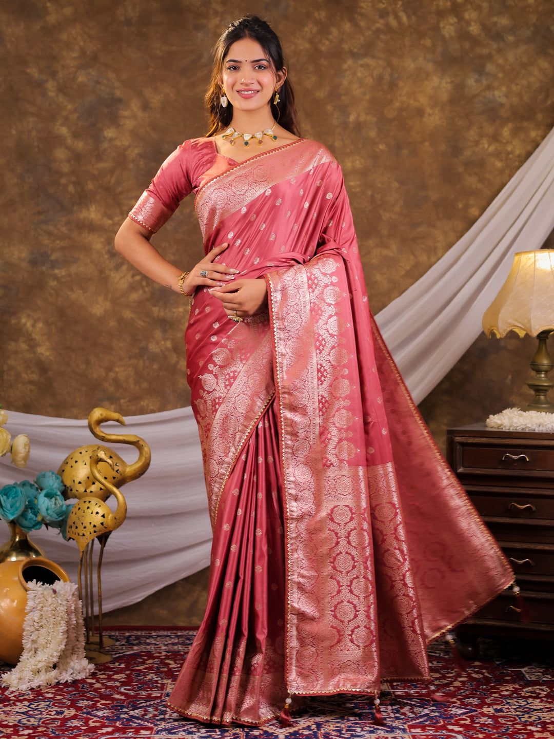 Rose Pink Kanjivaram Banarasi Satin Silk Saree with Antique Silver Zari Weaving, Rich Heritage Pallu & Tassel Detailing