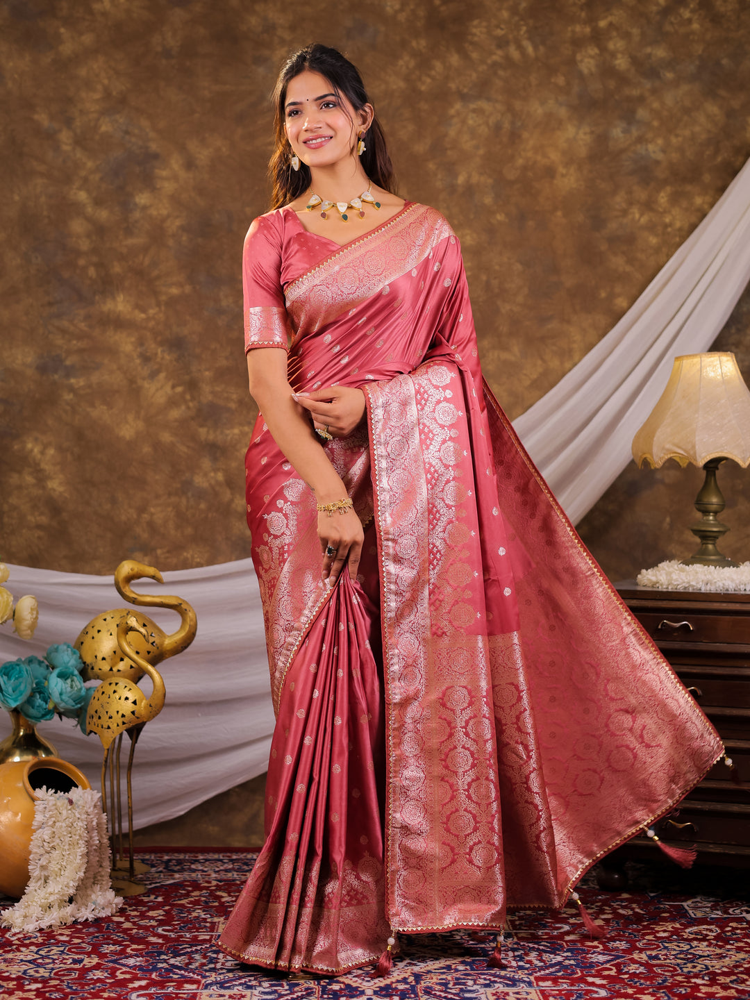 Rose Pink Kanjivaram Banarasi Satin Silk Saree with Antique Silver Zari Weaving, Rich Heritage Pallu & Tassel Detailing