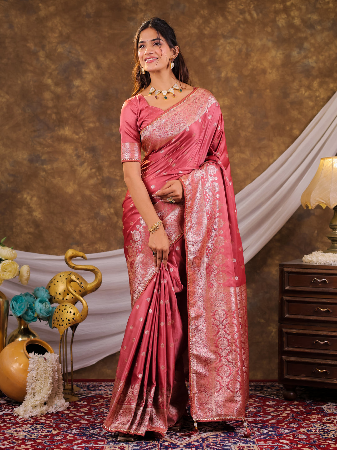 Rose Pink Kanjivaram Banarasi Satin Silk Saree with Antique Silver Zari Weaving, Rich Heritage Pallu & Tassel Detailing