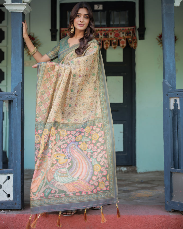 Beige Green Handloom Cotton Saree with Lotus Print & Colorful Peacock Pallu