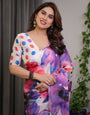 White Multicolor Watercolour Floral Print Satin Georgette Saree with Designer Attached Blouse – Premium Soft Flowing Fabric
