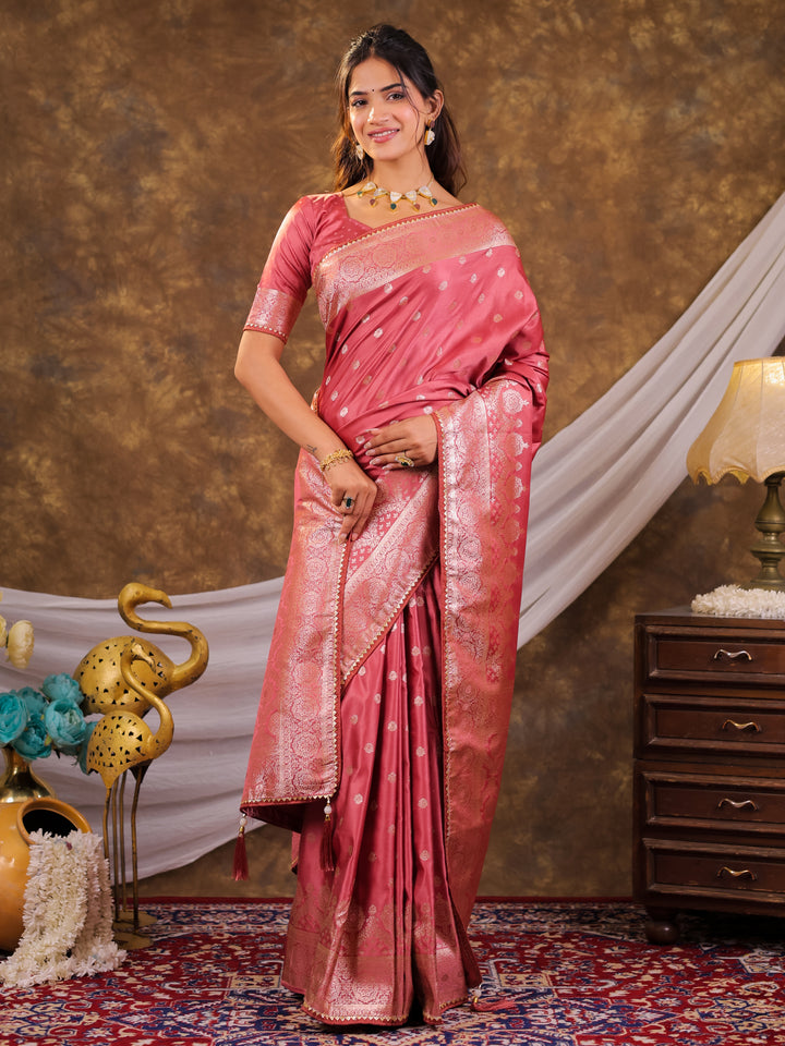 Rose Pink Kanjivaram Banarasi Satin Silk Saree with Antique Silver Zari Weaving, Rich Heritage Pallu & Tassel Detailing