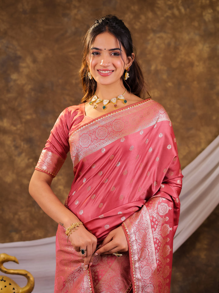 Rose Pink Kanjivaram Banarasi Satin Silk Saree with Antique Silver Zari Weaving, Rich Heritage Pallu & Tassel Detailing