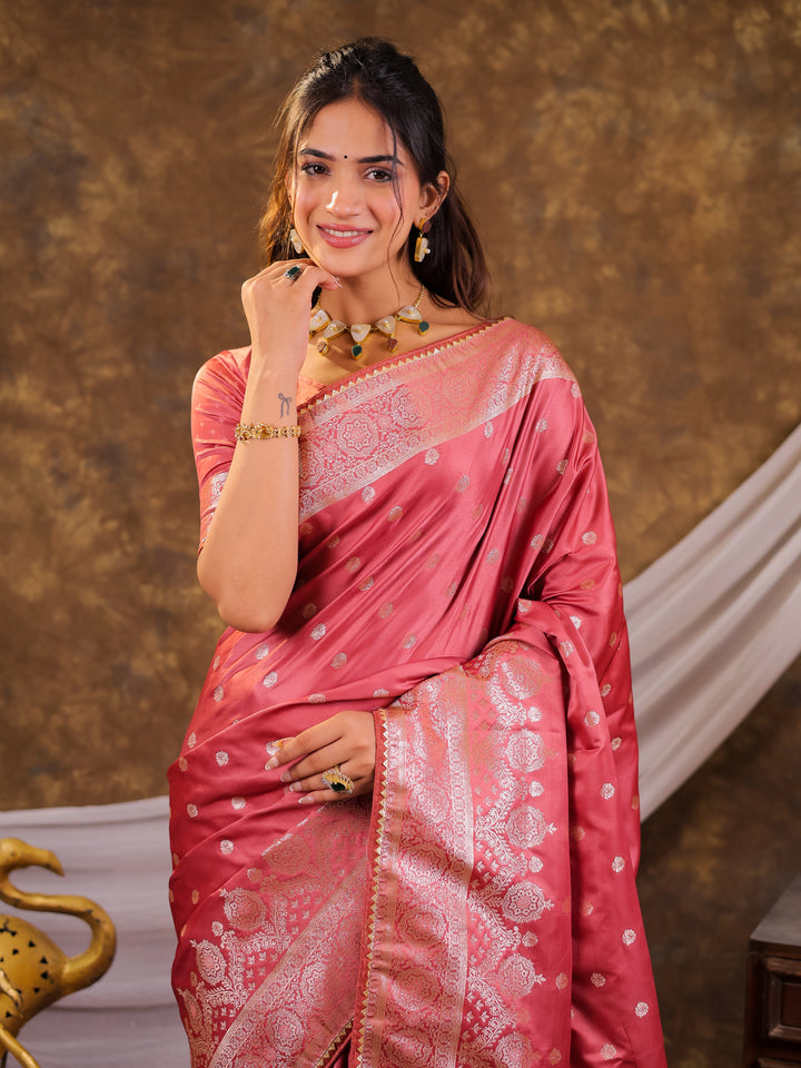 Rose Pink Kanjivaram Banarasi Satin Silk Saree with Antique Silver Zari Weaving, Rich Heritage Pallu & Tassel Detailing