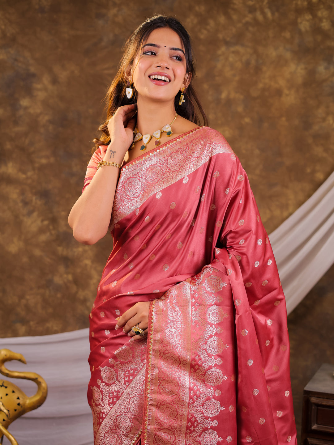Rose Pink Kanjivaram Banarasi Satin Silk Saree with Antique Silver Zari Weaving, Rich Heritage Pallu & Tassel Detailing