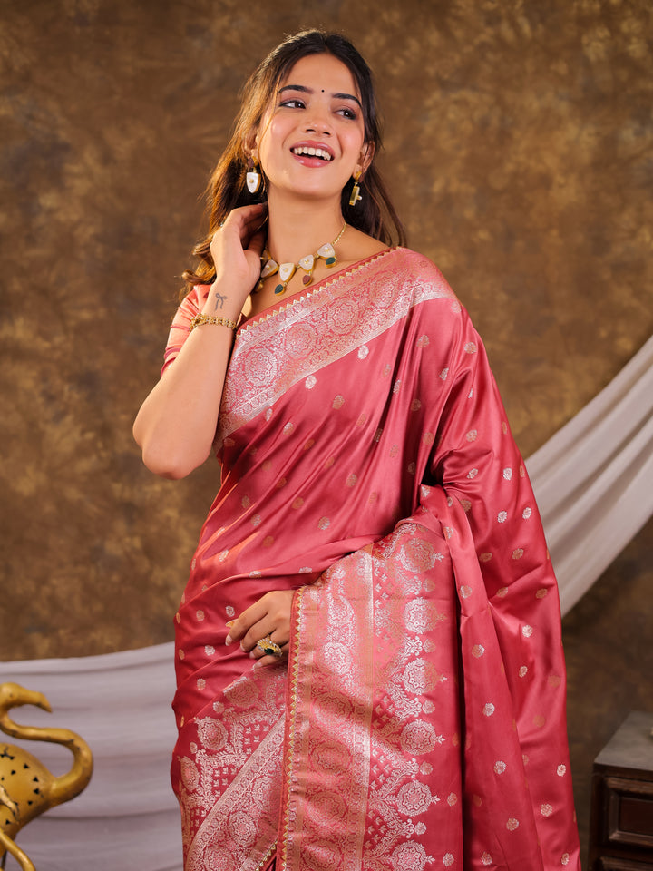 Rose Pink Kanjivaram Banarasi Satin Silk Saree with Antique Silver Zari Weaving, Rich Heritage Pallu & Tassel Detailing