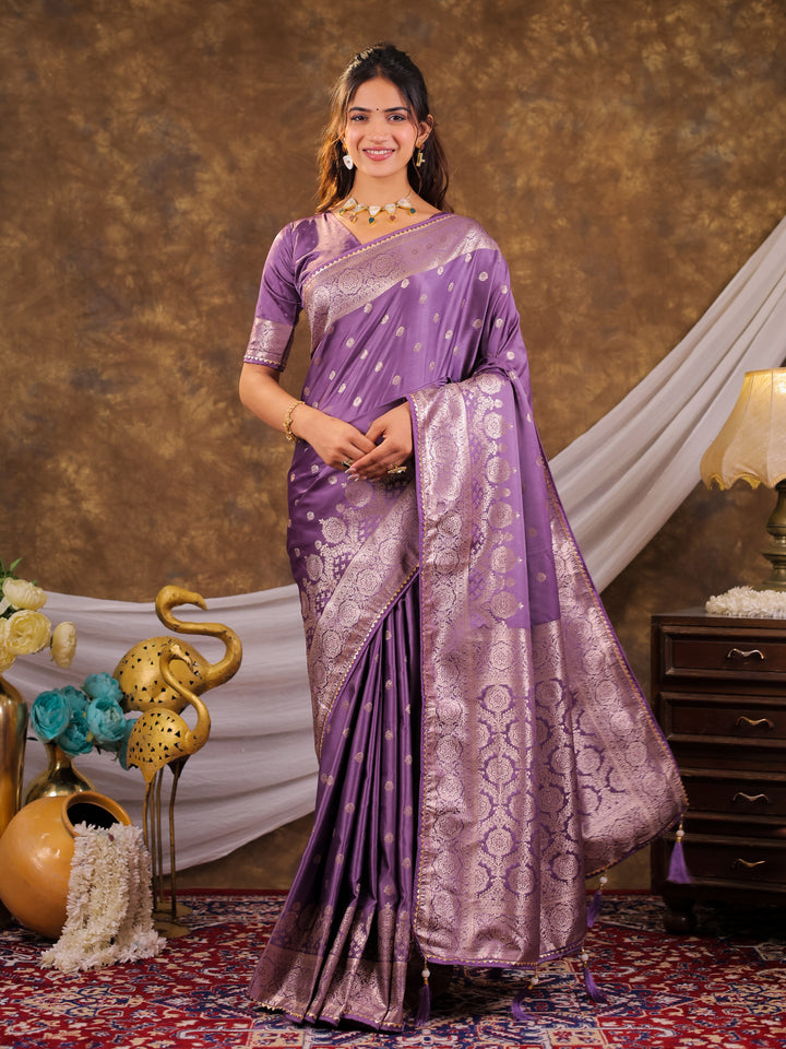 Lavender Kanjivaram Banarasi Satin Silk Saree with Antique Silver Zari Weaving, Rich Woven Pallu & Tassel Detailing