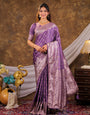 Lavender Kanjivaram Banarasi Satin Silk Saree with Antique Silver Zari Weaving, Rich Woven Pallu & Tassel Detailing