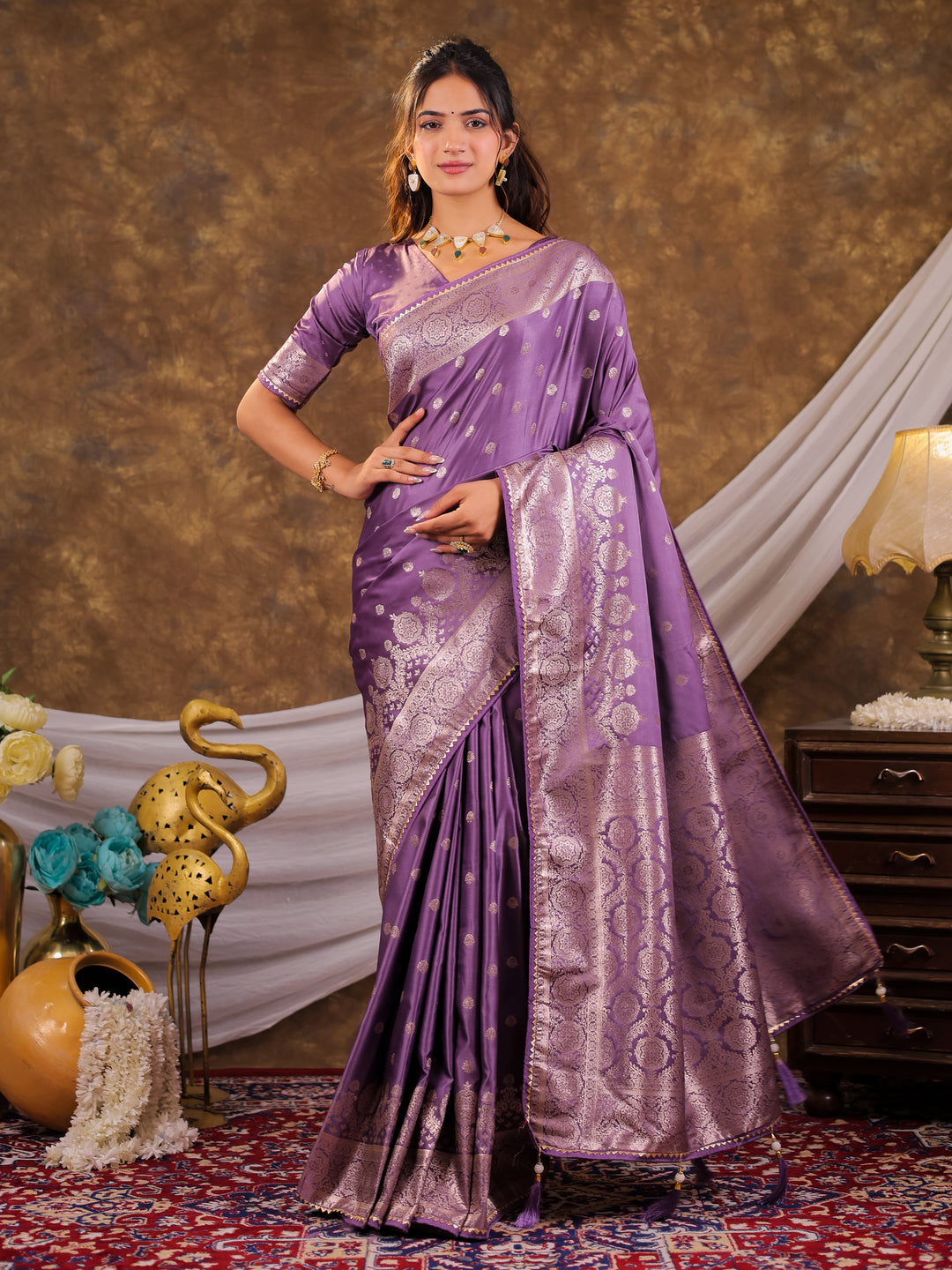 Lavender Kanjivaram Banarasi Satin Silk Saree with Antique Silver Zari Weaving, Rich Woven Pallu & Tassel Detailing