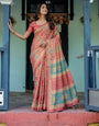 Terracotta Red Handloom Cotton Saree with Floral Vine Print & Dual-Toned Royal Motif Pallu