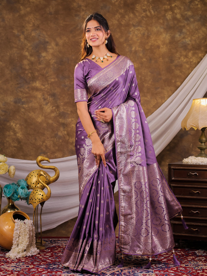 Lavender Kanjivaram Banarasi Satin Silk Saree with Antique Silver Zari Weaving, Rich Woven Pallu & Tassel Detailing