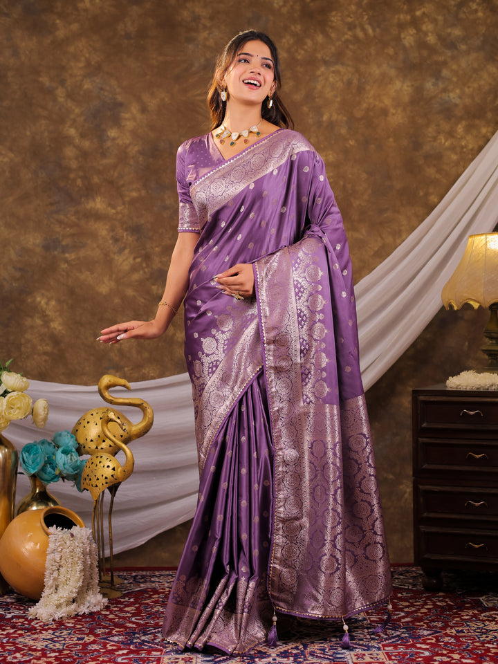 Lavender Kanjivaram Banarasi Satin Silk Saree with Antique Silver Zari Weaving, Rich Woven Pallu & Tassel Detailing