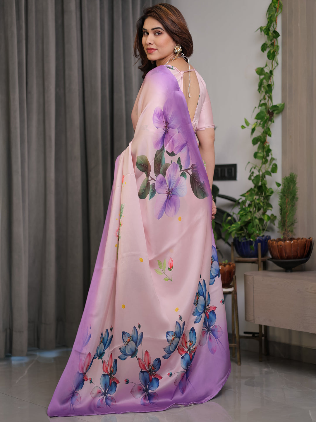 Blush Pink & Lavender Satin Georgette Floral Printed Saree with Attached Blouse – Soft Ombre Designer Saree for Festive & Elegant Wear