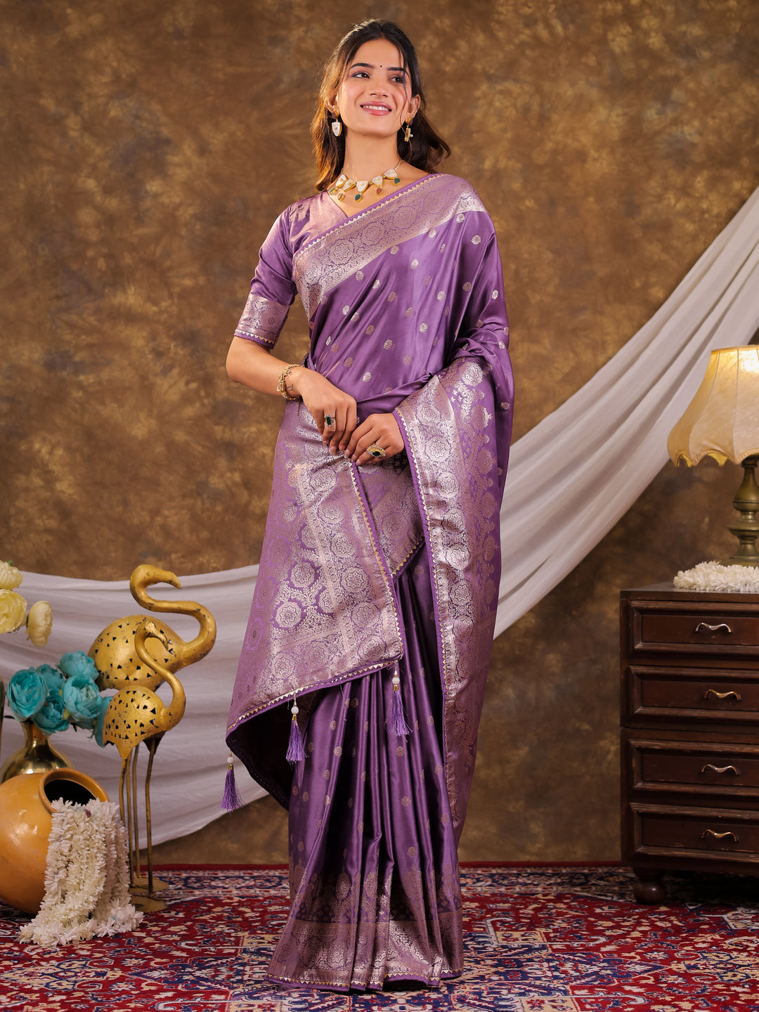 Lavender Kanjivaram Banarasi Satin Silk Saree with Antique Silver Zari Weaving, Rich Woven Pallu & Tassel Detailing