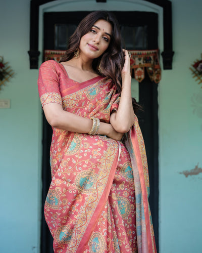 Terracotta Red Handloom Cotton Saree with Floral Vine Print & Dual-Toned Royal Motif Pallu