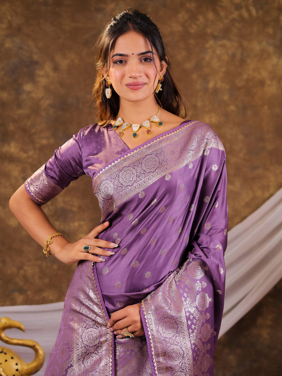Lavender Kanjivaram Banarasi Satin Silk Saree with Antique Silver Zari Weaving, Rich Woven Pallu & Tassel Detailing