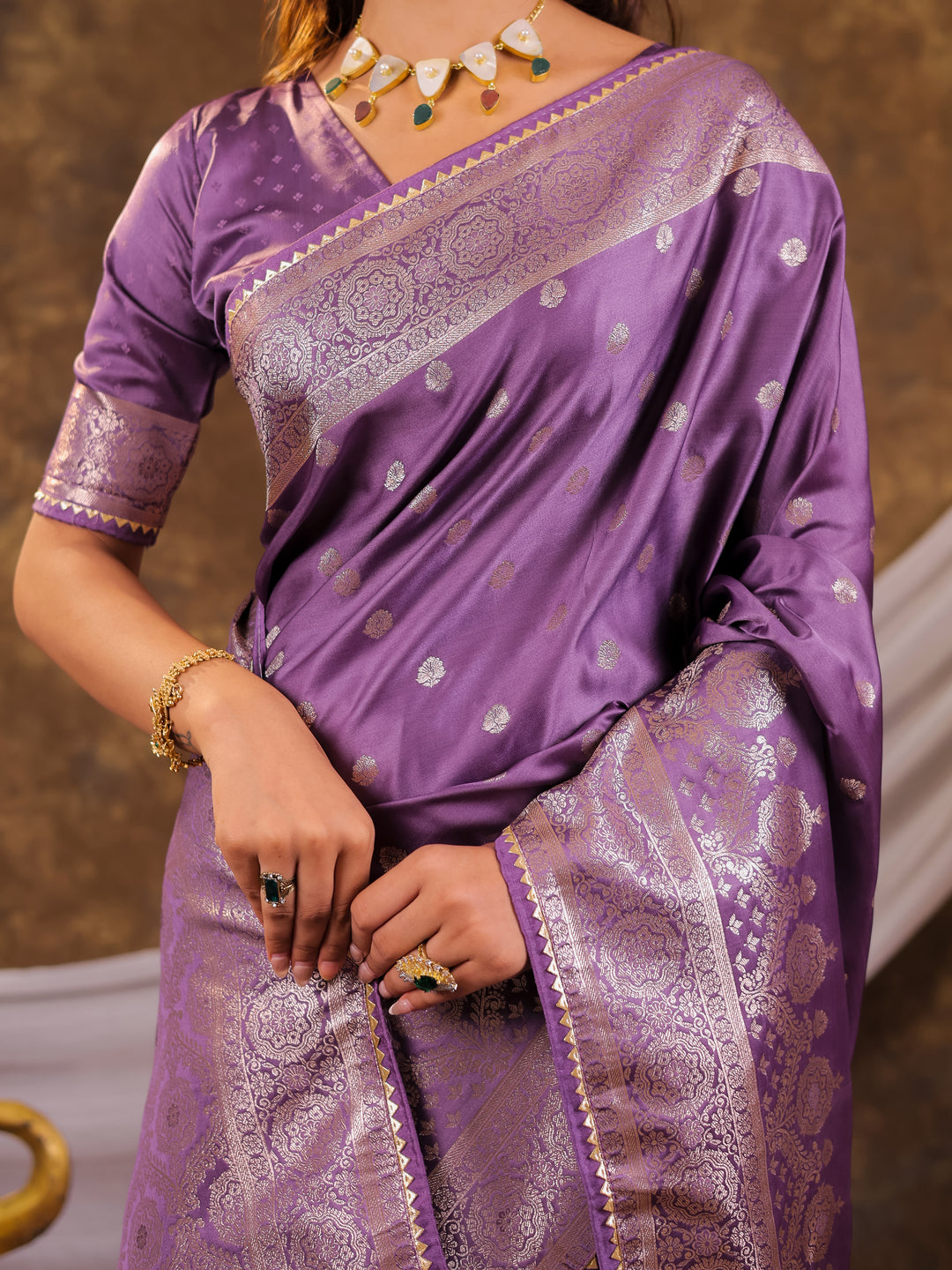 Lavender Kanjivaram Banarasi Satin Silk Saree with Antique Silver Zari Weaving, Rich Woven Pallu & Tassel Detailing