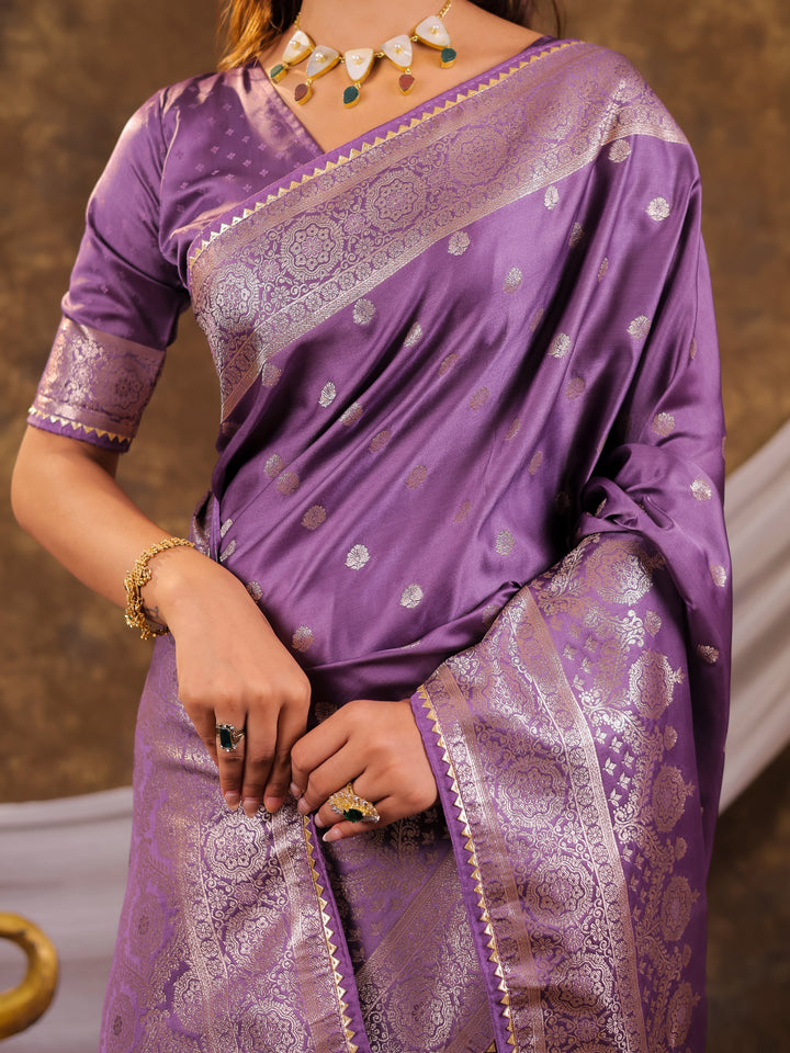 Lavender Kanjivaram Banarasi Satin Silk Saree with Antique Silver Zari Weaving, Rich Woven Pallu & Tassel Detailing