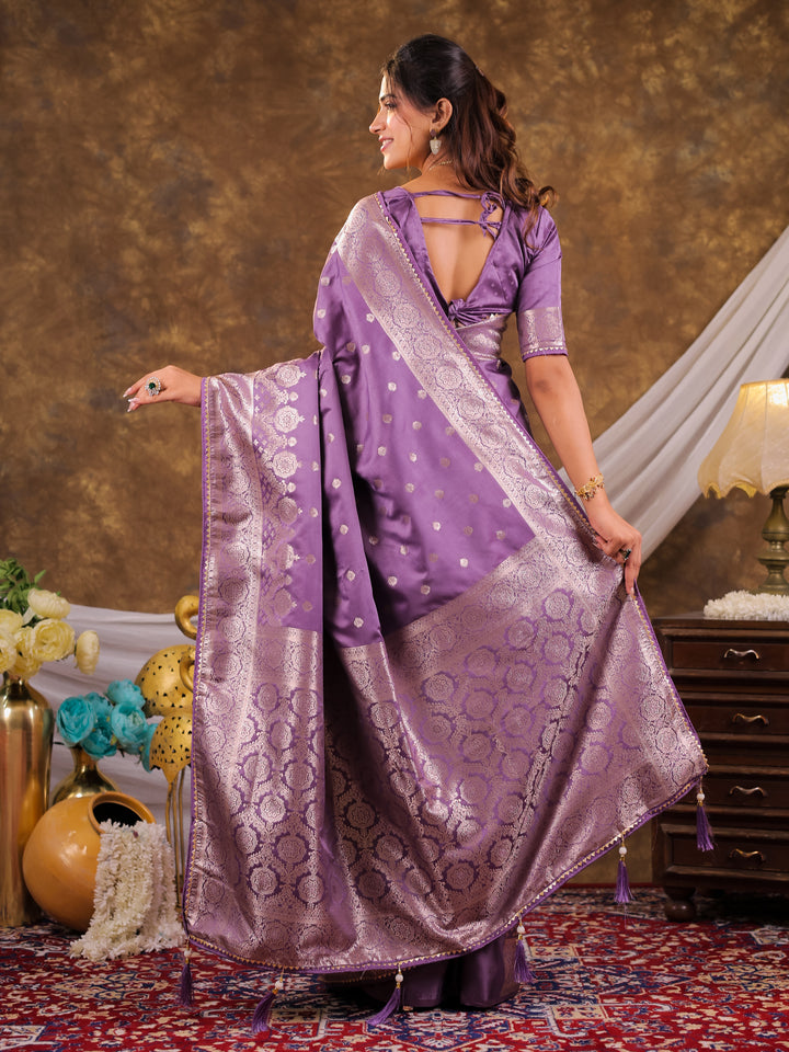 Lavender Kanjivaram Banarasi Satin Silk Saree with Antique Silver Zari Weaving, Rich Woven Pallu & Tassel Detailing