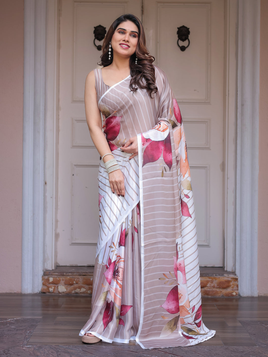 Ivory Beige Artistic Floral Printed Satin Georgette Saree with Matching Blouse – Elegant Festive & Party Wear
