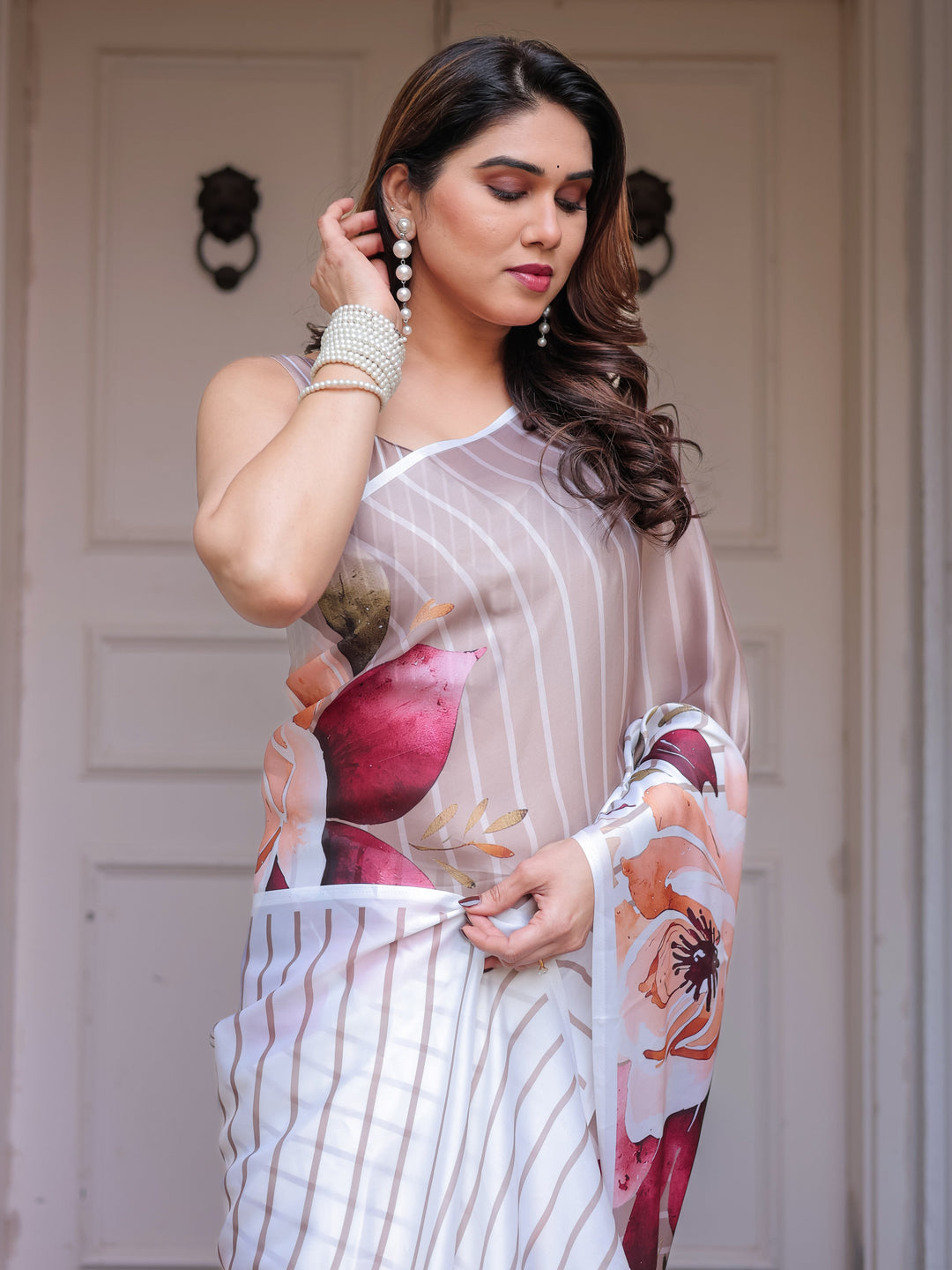 Ivory Beige Artistic Floral Printed Satin Georgette Saree with Matching Blouse – Elegant Festive & Party Wear