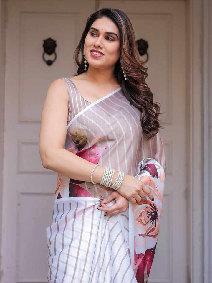 Ivory Beige Artistic Floral Printed Satin Georgette Saree with Matching Blouse – Elegant Festive & Party Wear