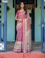 Rose Pink Handloom Cotton Saree with Ivory Elephant Procession Pallu & Floral Print
