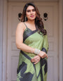 Olive Green & Black Artistic Floral Printed Satin Georgette Saree with Matching Blouse – Elegant Party & Festive Wear