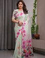 Mint Green Satin Georgette Floral Printed Saree with Attached Blouse – Soft Pastel Designer Saree with Watercolor Bloom Detailing
